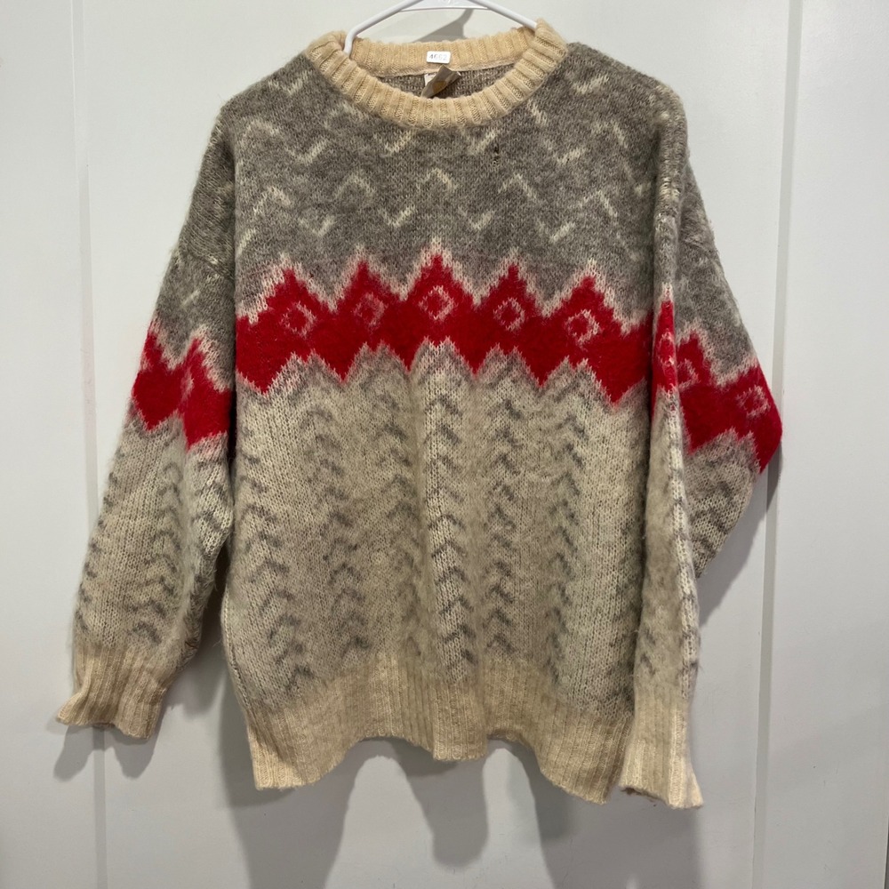 Vintage Ice Knit Iceland Wool Nordic Fair Isle Sweater Grey Red Cream Medium